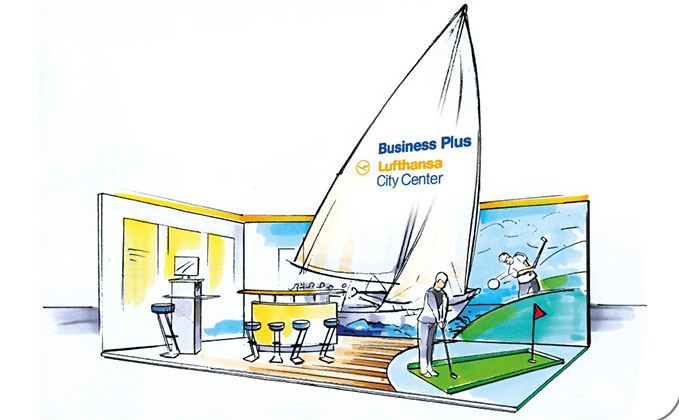 Lufthansa City Center Konzeptillustration Messestand von Quadrotem Werbeagentur GmbH